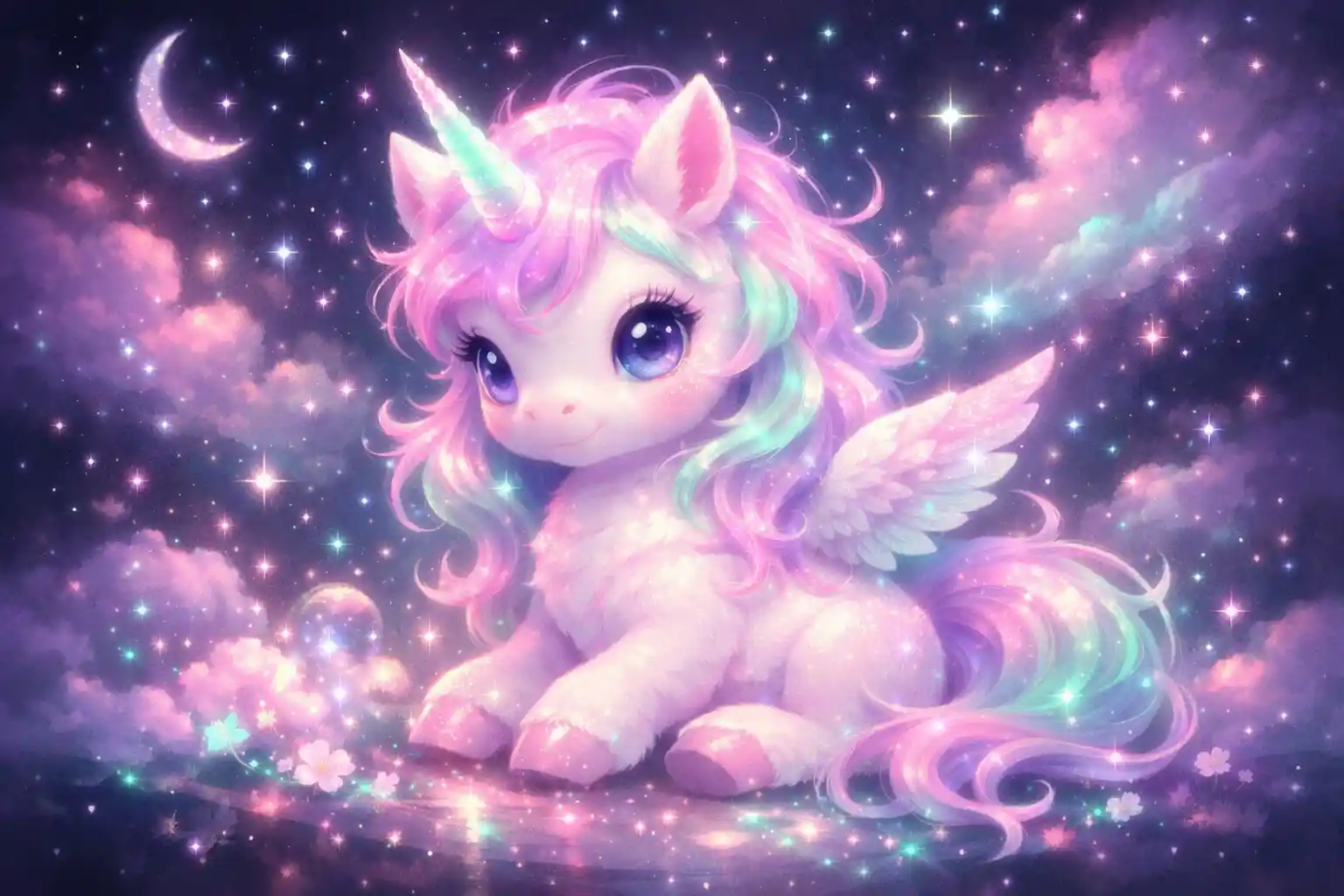 Dreamy Neon Pastel Baby Unicorn On Dark Magical Background