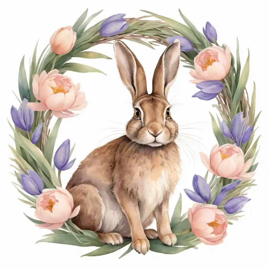 Dreamy Brown Hare In Pastel Floral Wreath Illustration