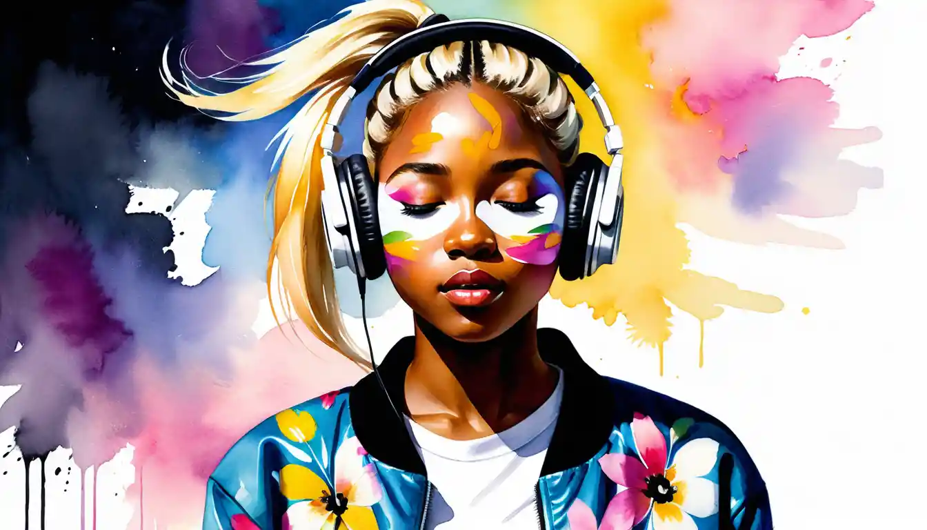 Young black girl singing with headphones in music studio