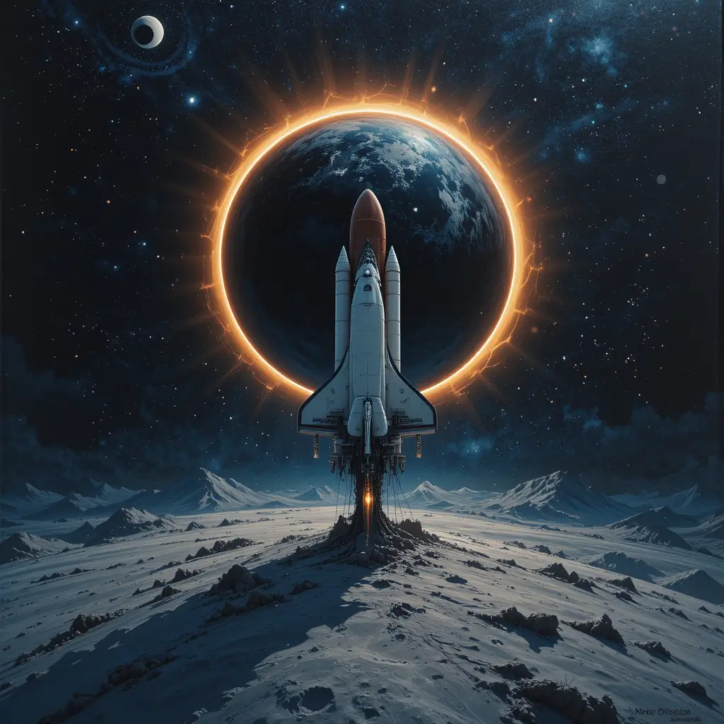 Realistic spaceship standing on the moon during eclipse