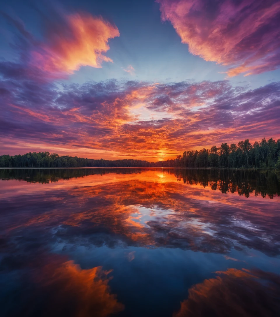 Cielo cinematografico al tramonto riflesso su un lago perfettamente calmo