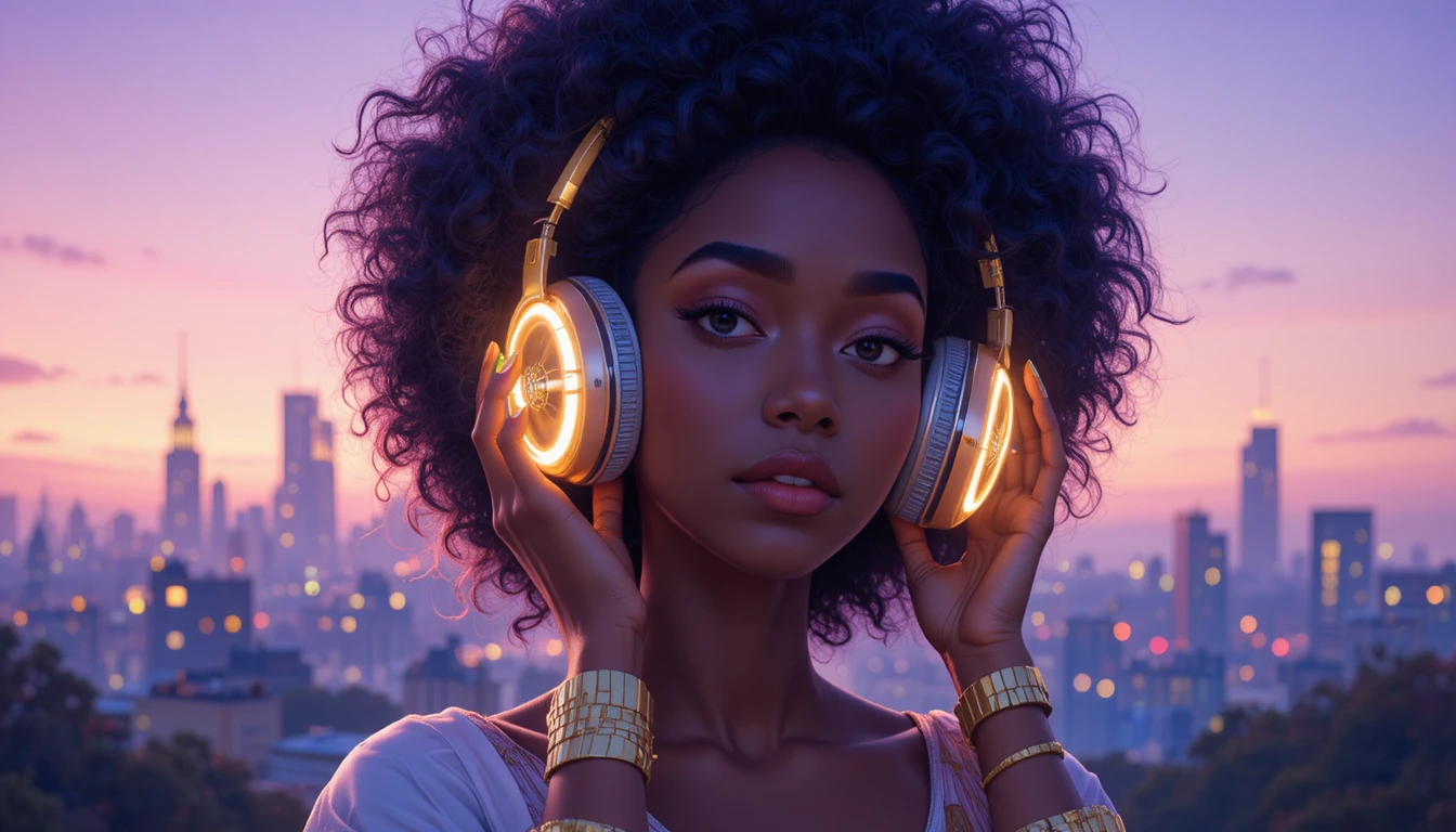 Black woman with headphones in glowing pastel cityscape