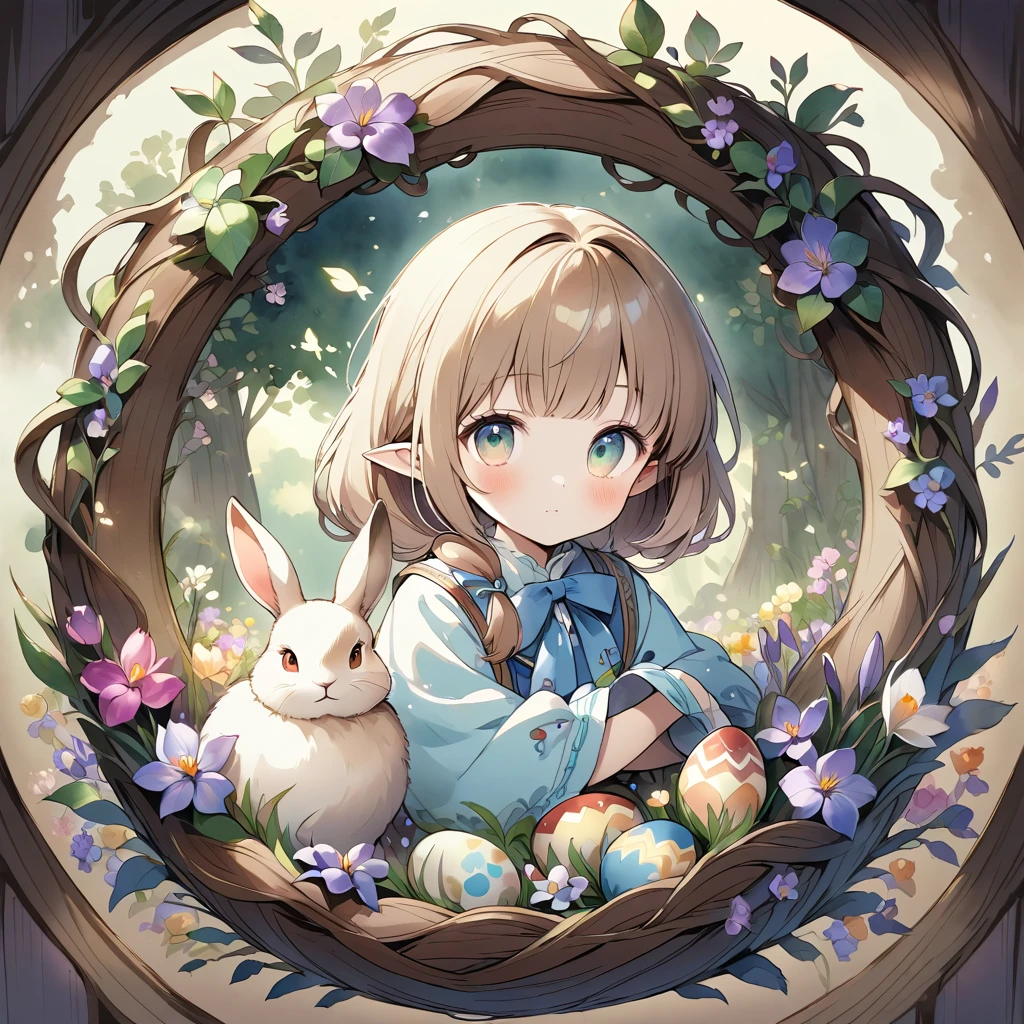 Dreamy brown rabbit with flowers in a circular wreath