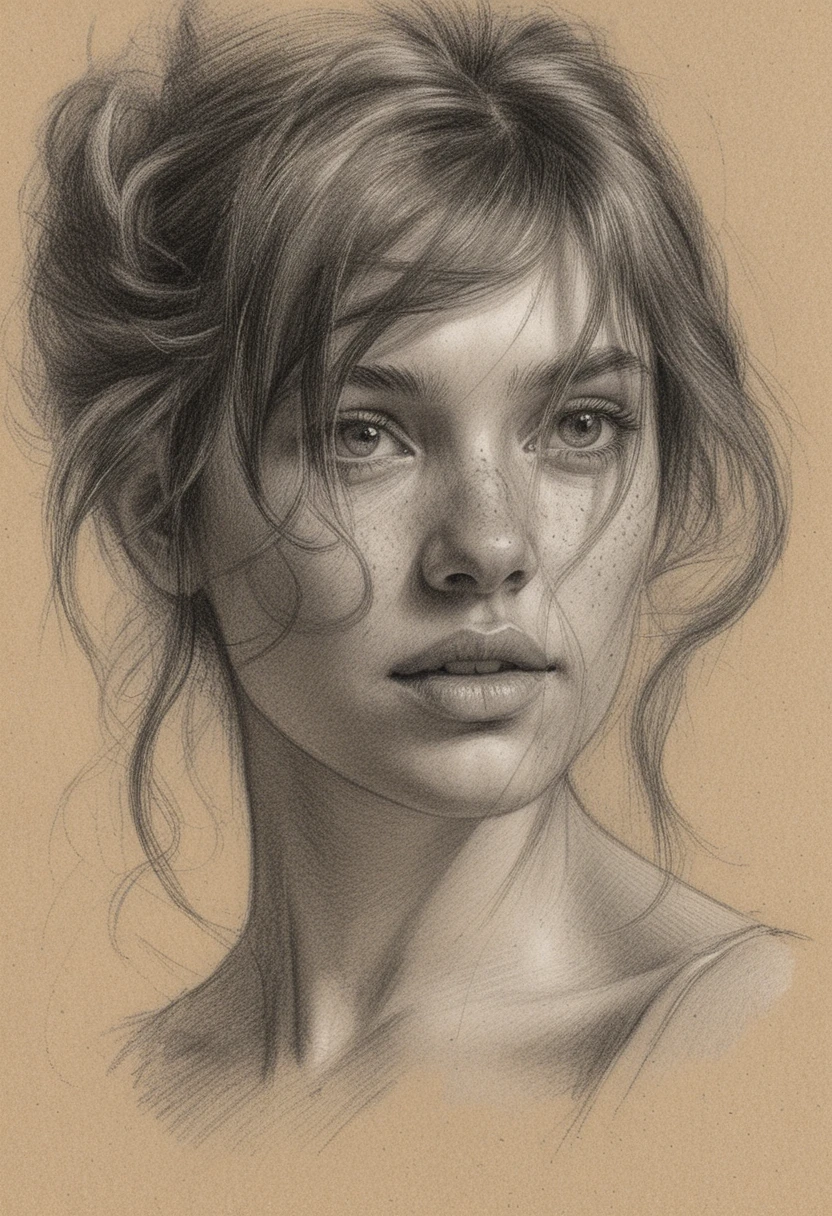 Graphite charcoal portrait of a freckled girl looking upward