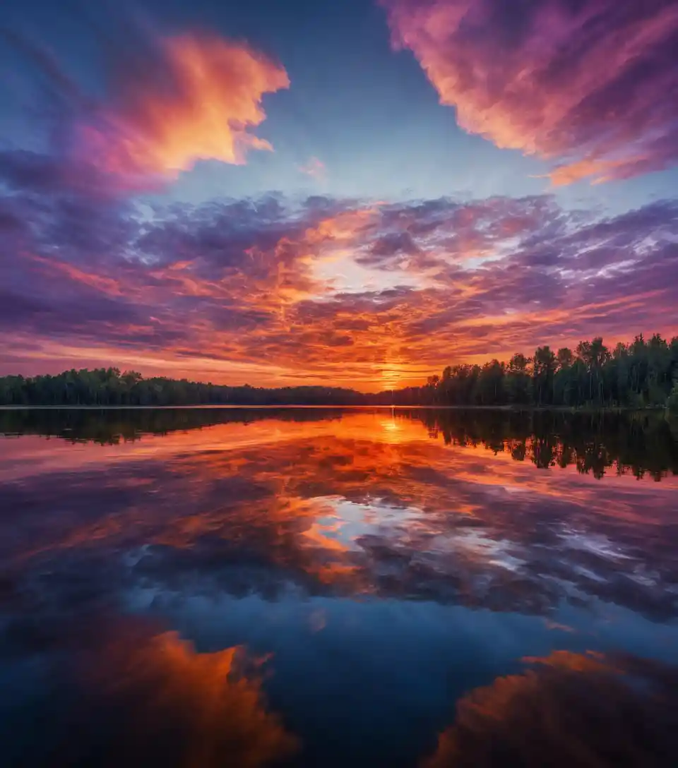 Céu cinemático de pôr do sol espelhado em um lago perfeitamente calmo