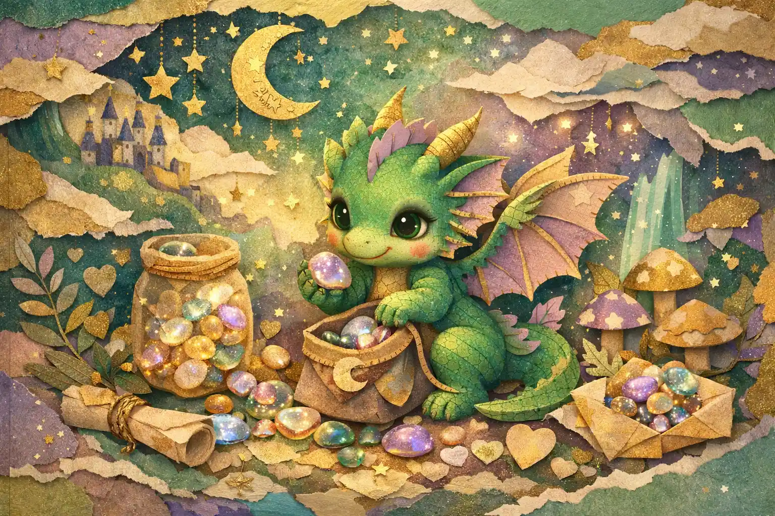紙コラージュのファンタジー世界で光る小石を集める赤ちゃんドラゴン
