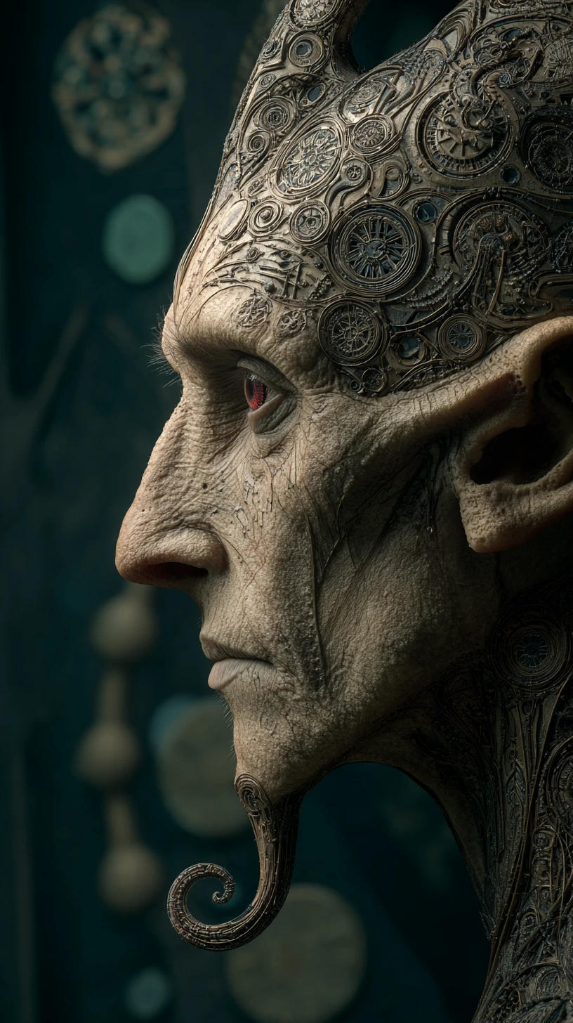 Surreal biomechanical humanoid portrait with ornate carved face