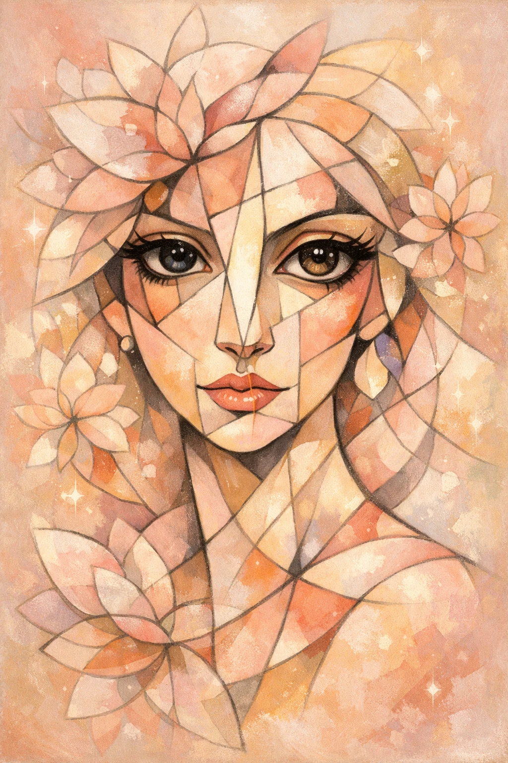 Abstract cubist portrait with floral geometric fragments