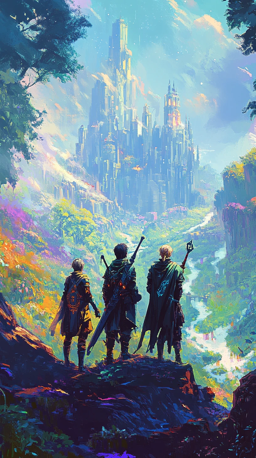 Trío de aventureros de fantasía en un vibrante mundo de juego pixelado