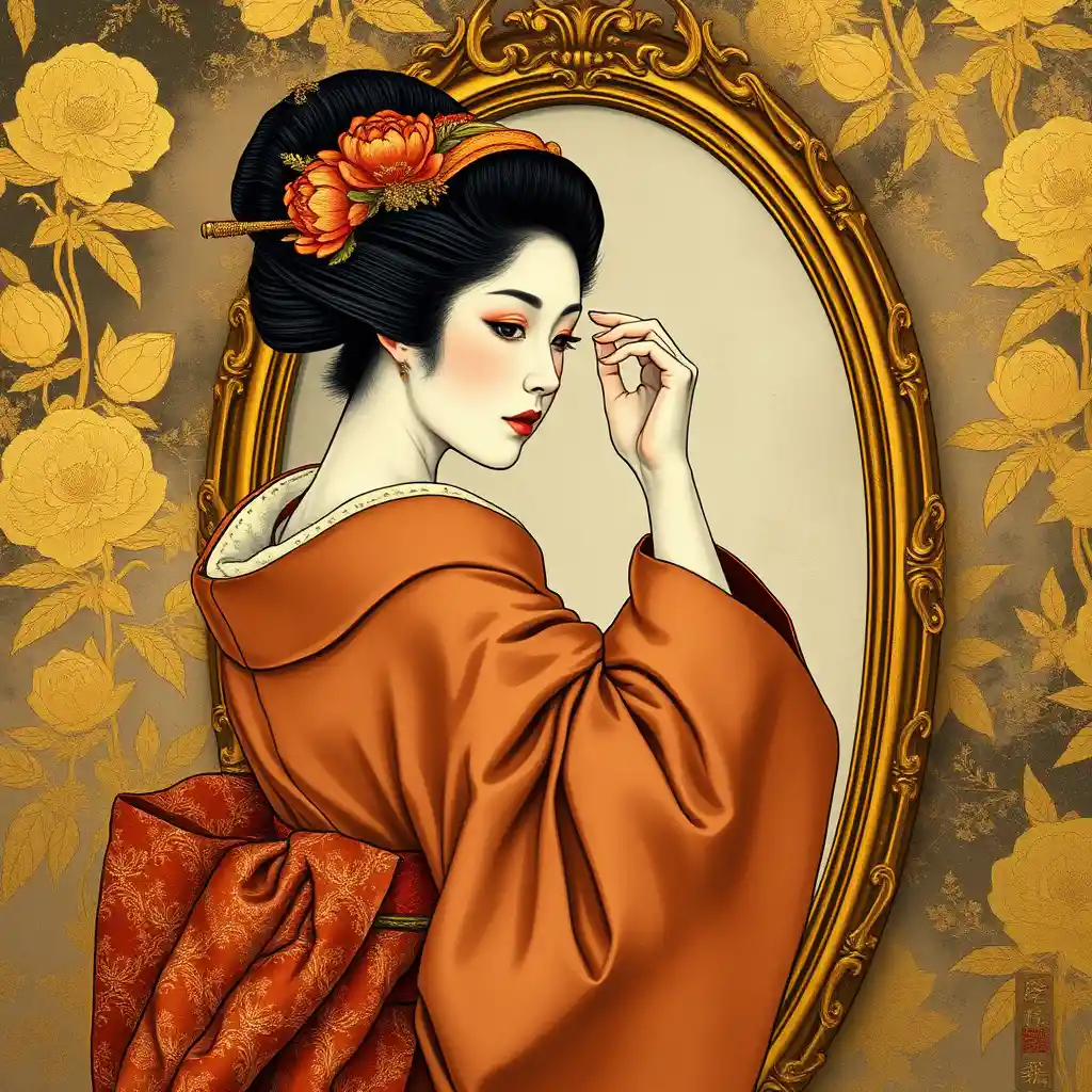 Geisha richtet ihren Haarkamm vor einem goldgerahmten Spiegel
