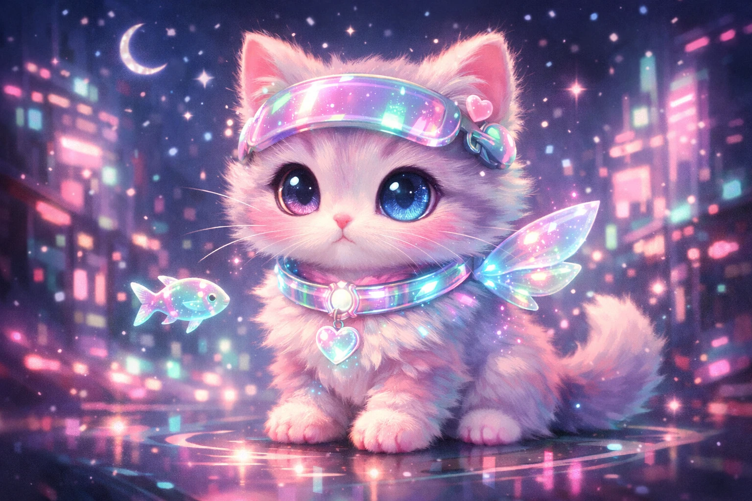 Dolce gattino cyberpunk al neon con accessori olografici luminosi