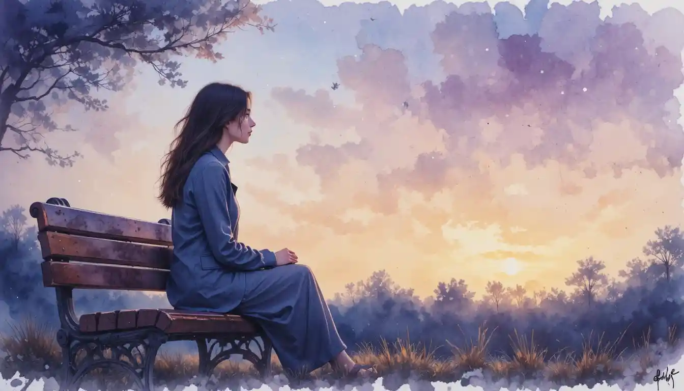 Young woman on park bench gazing at an evening star