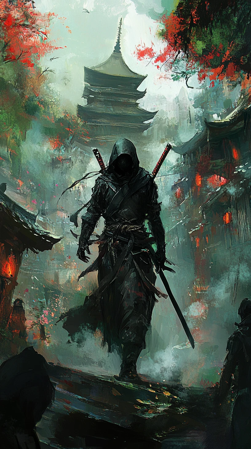 Dark fantasy ninja among ancient mystical ruins