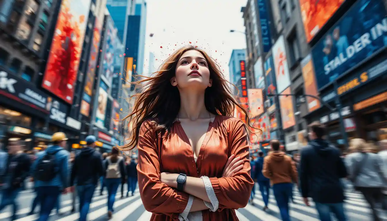 Young woman in watercolor at a busy city intersection