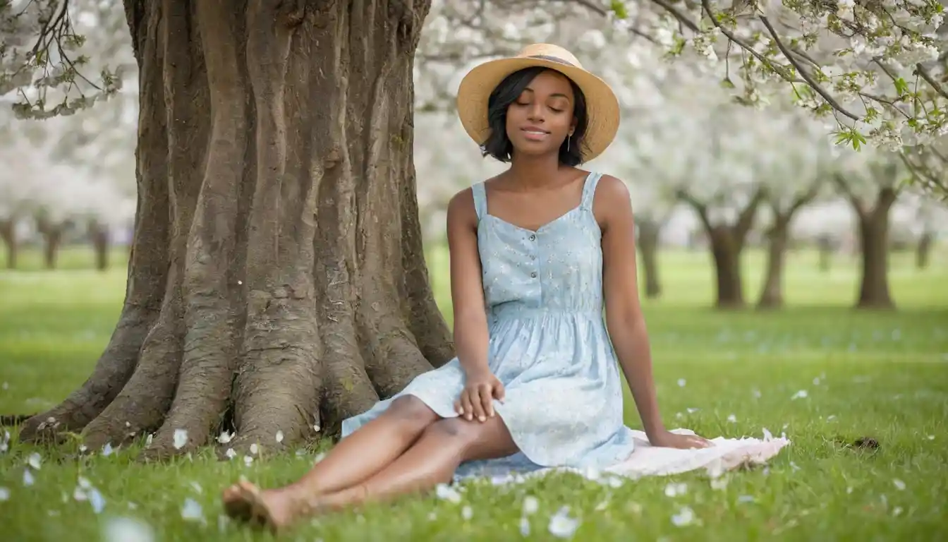 Joven mujer descansando junto a un árbol en flor con luz suave