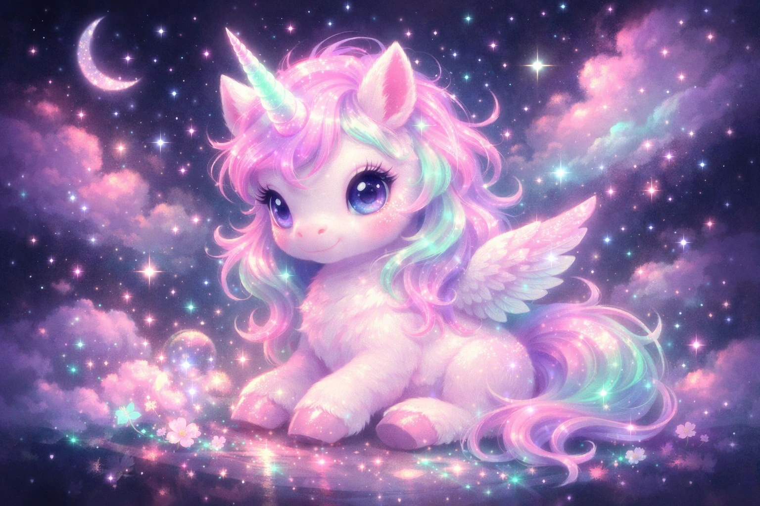 Dreamy Neon Pastel Baby Unicorn On Dark Magical Background