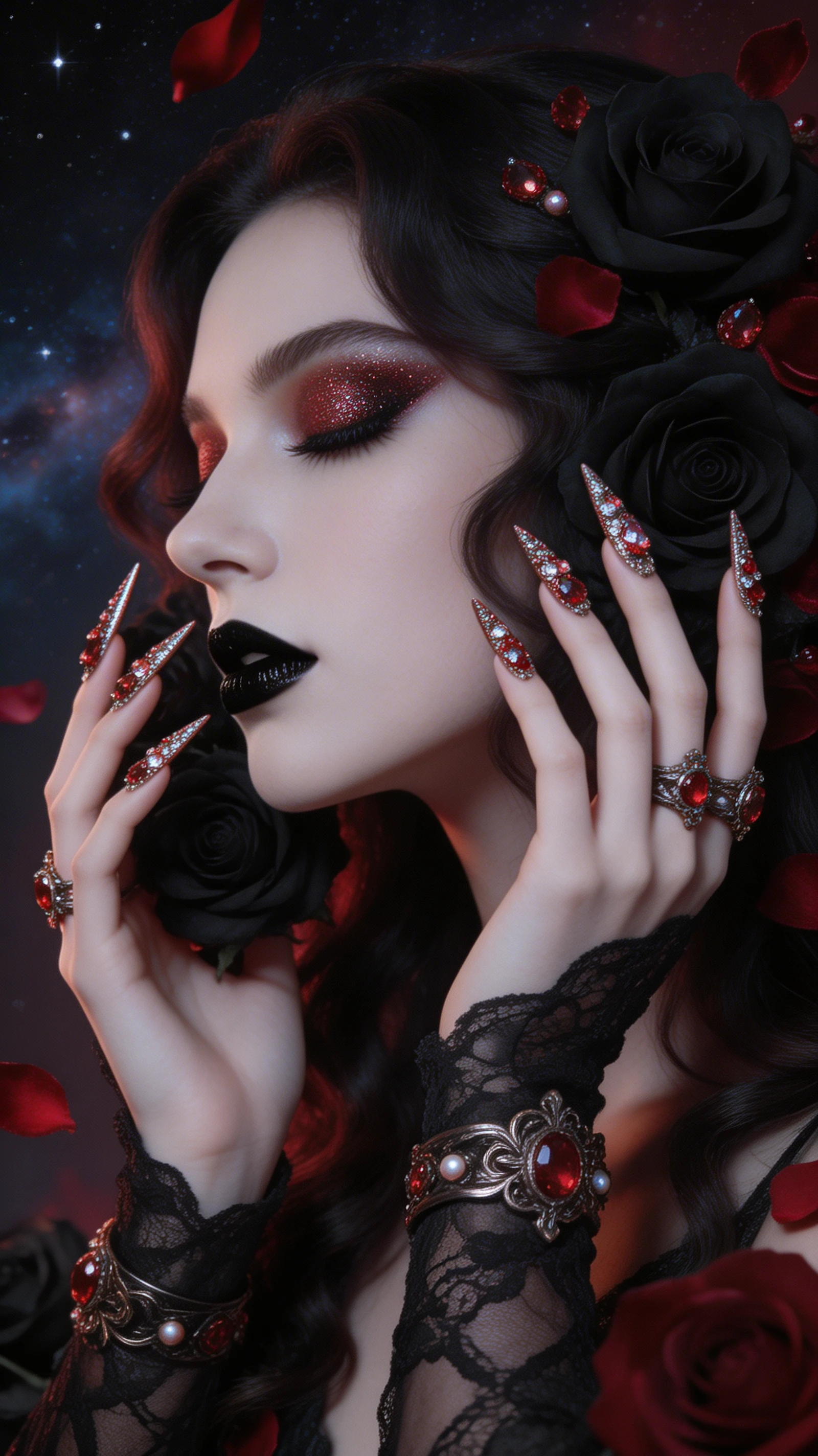 Mujer gótica de perfil con resplandor celestial y rosas