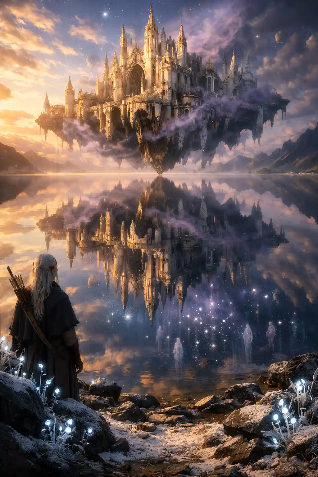 Elfo che osserva una cattedrale fluttuante riflessa in un lago a specchio