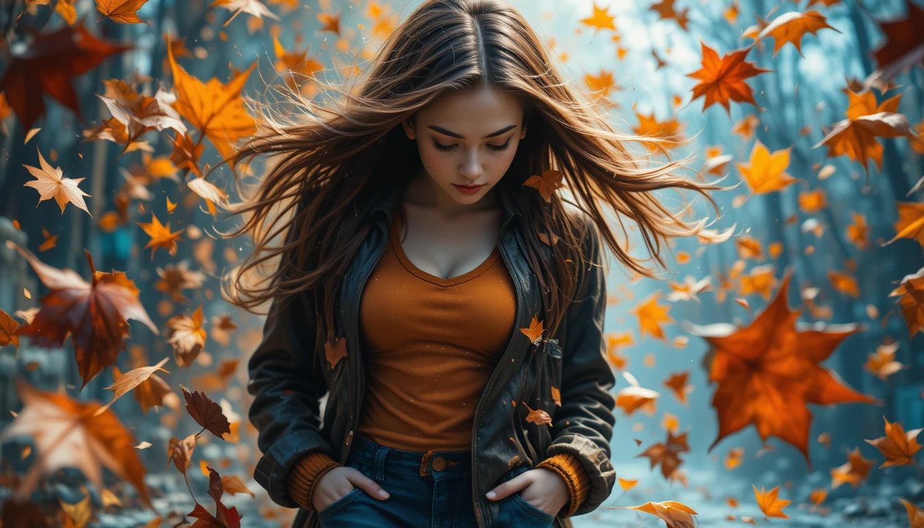 Young woman in swirling autumn leaves at a tilted angle