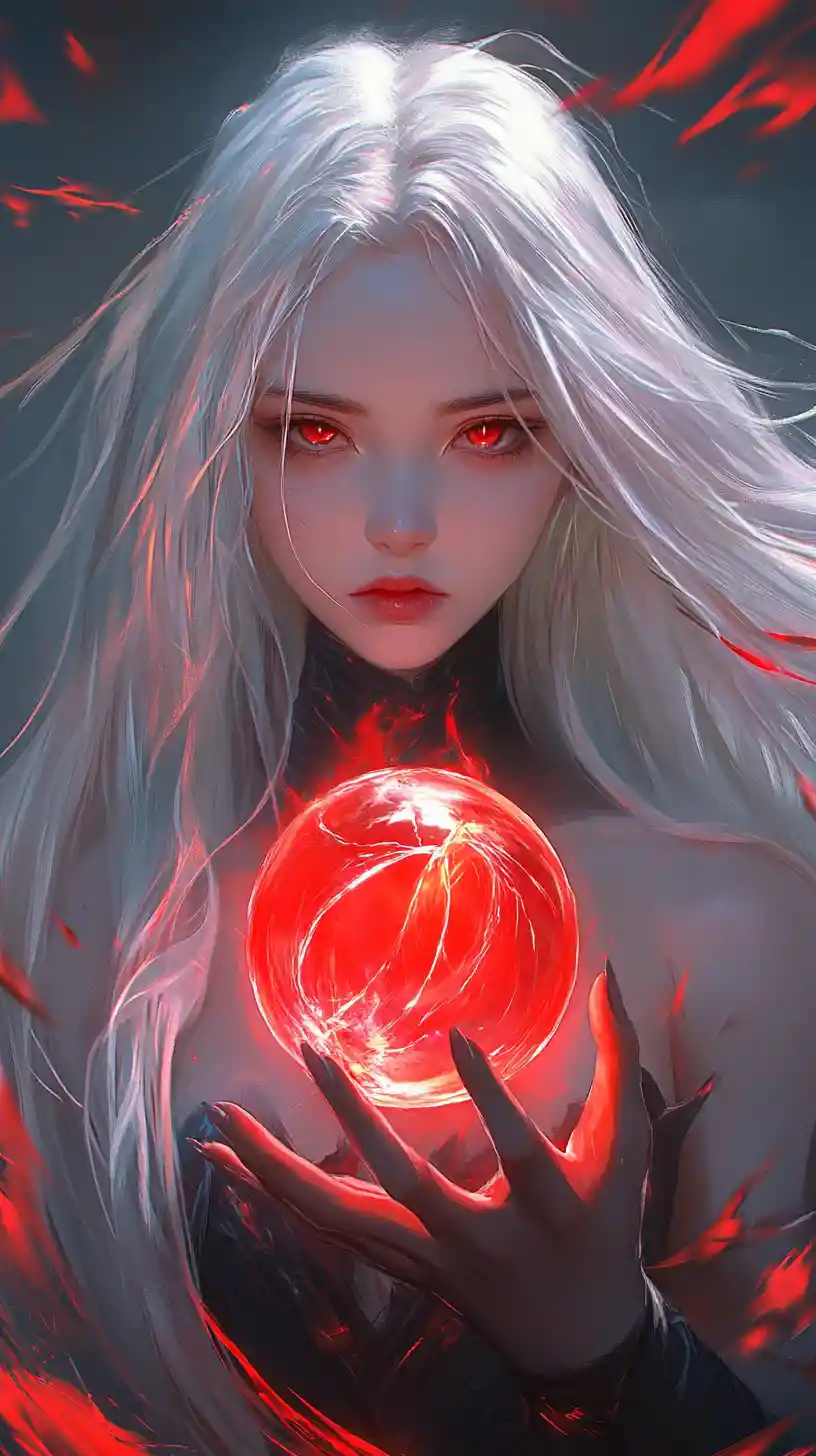 Chica de anime de pelo blanco sosteniendo un orbe rojo brillante