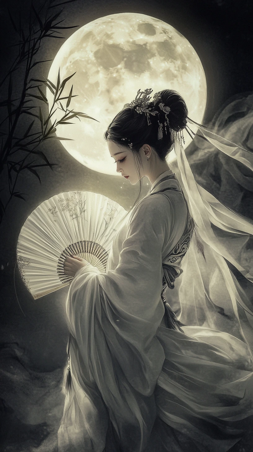 Ethereal woman in white before a radiant full moon