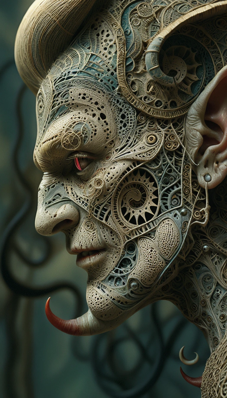 Surreal biomechanical humanoid portrait with ornate facial details