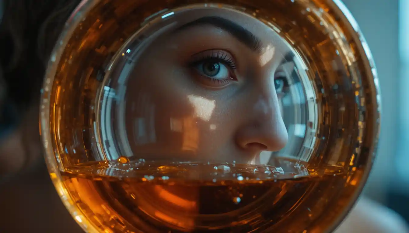 Extreme close up of glass rim framing a wistful woman