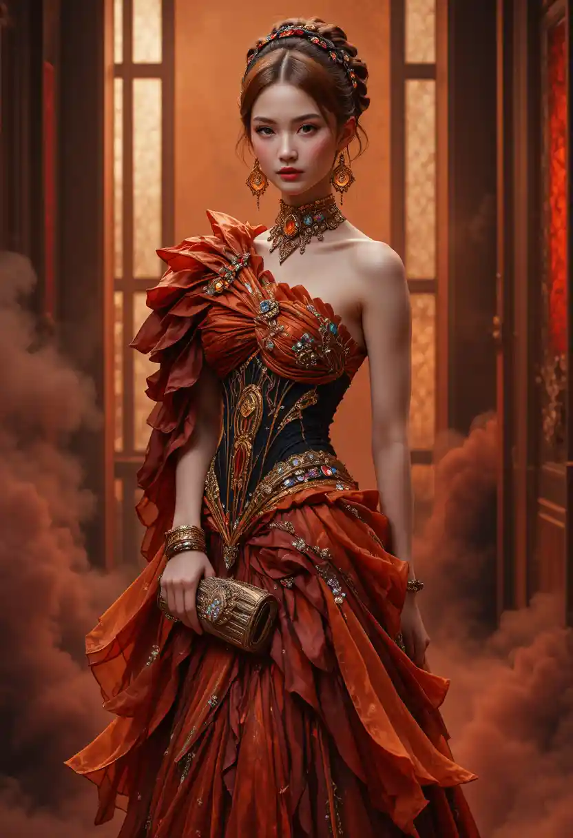 High-Fashion-Frau in flammeninspirierter Couture-Robe
