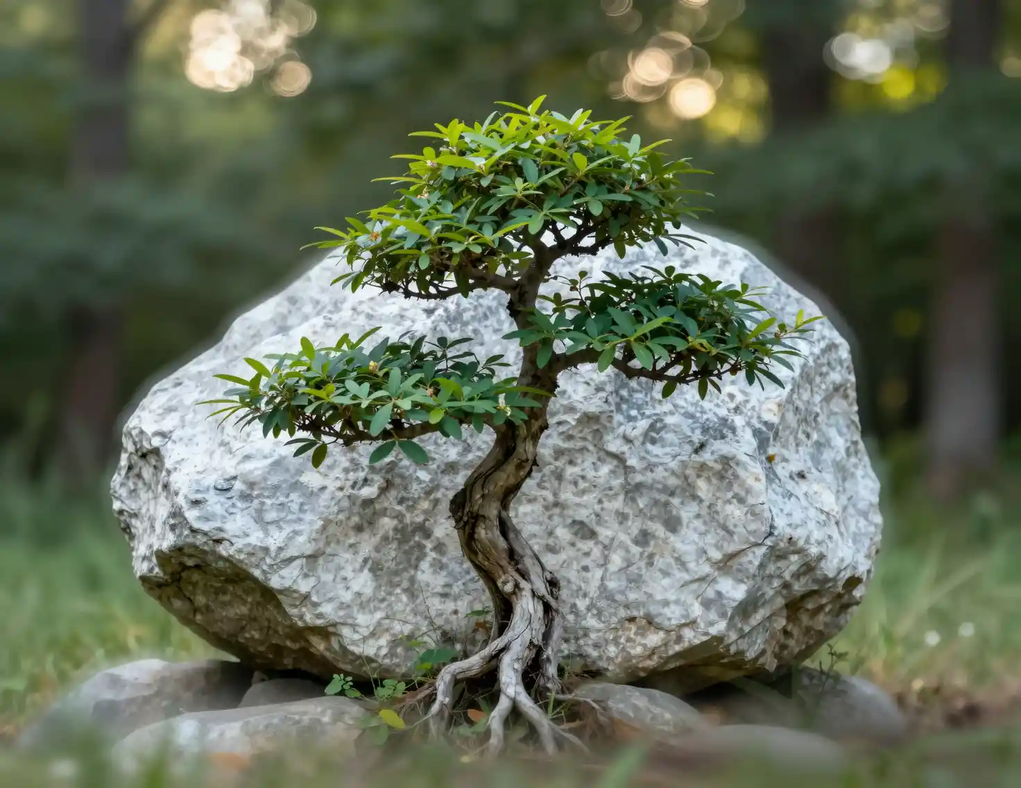 Small tree growing beneath a large white stone boulder