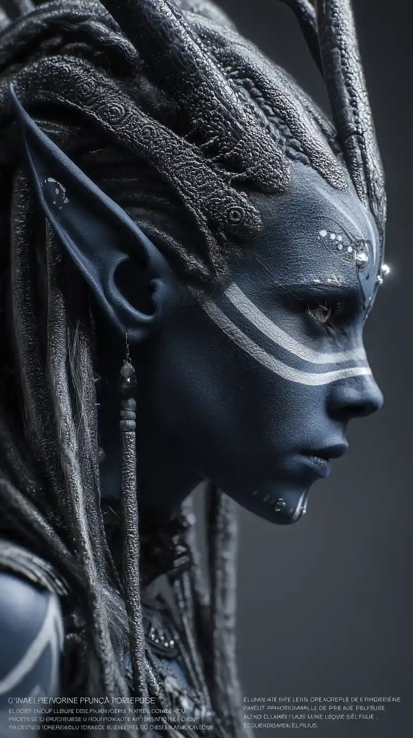 Tribal-futuristisches Frauenporträt mit dunkler obsidianfarbener Haut