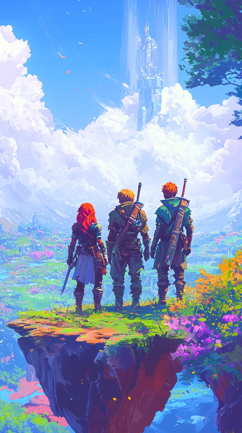 Fantasy heroes in a vibrant retro pixel game landscape