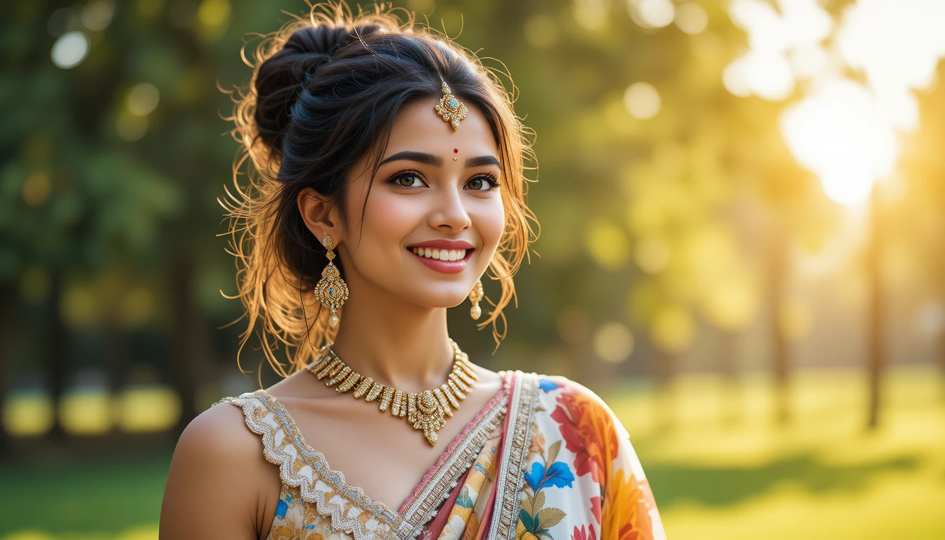 Portrait en extérieur d’une jeune fille indienne joyeuse en sari d’organza
