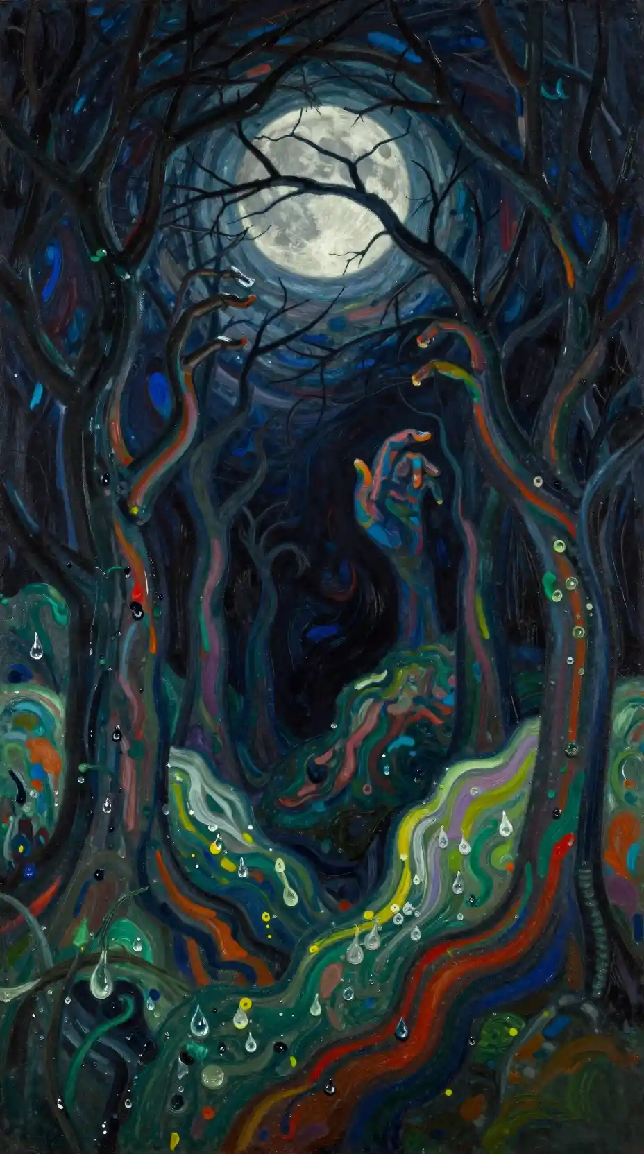 Foresta al chiaro di luna nascosta dietro rami intricati di mezzanotte