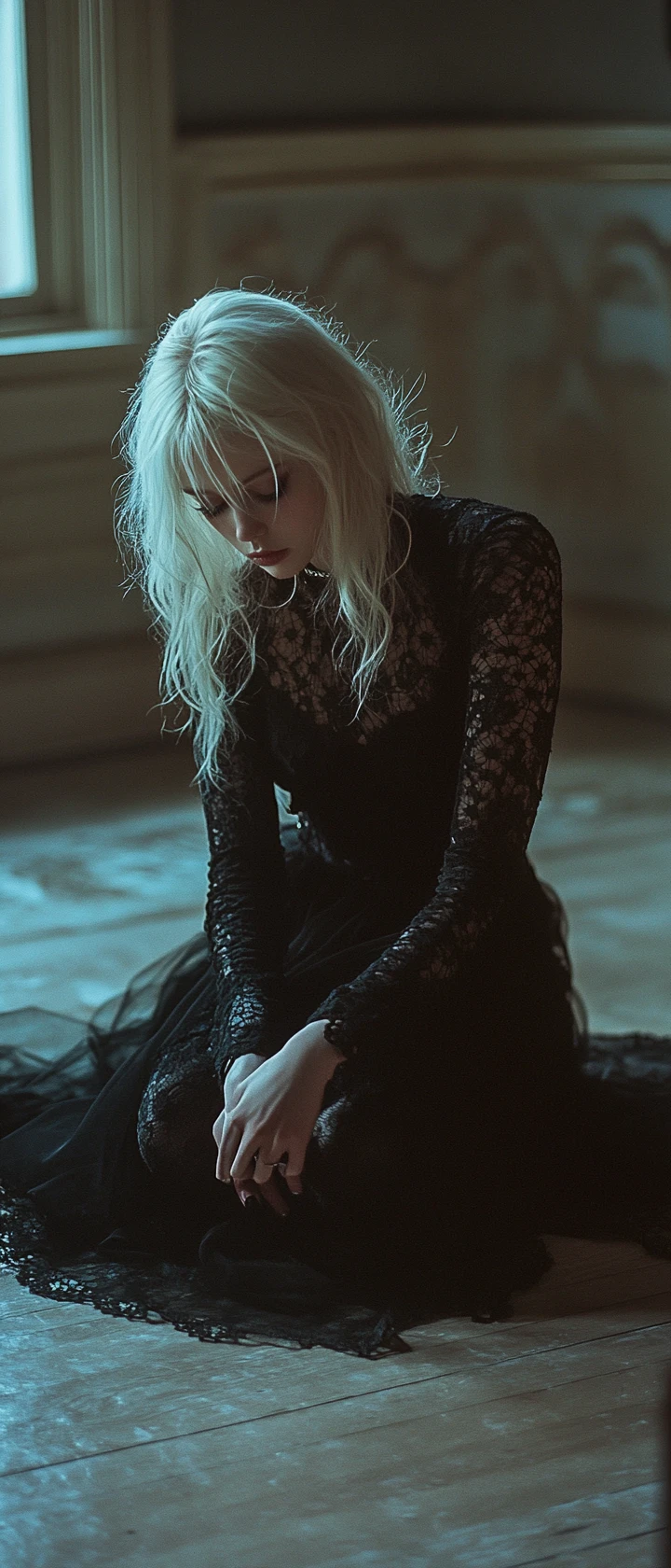 Nostalgic film portrait of a young blonde woman in black