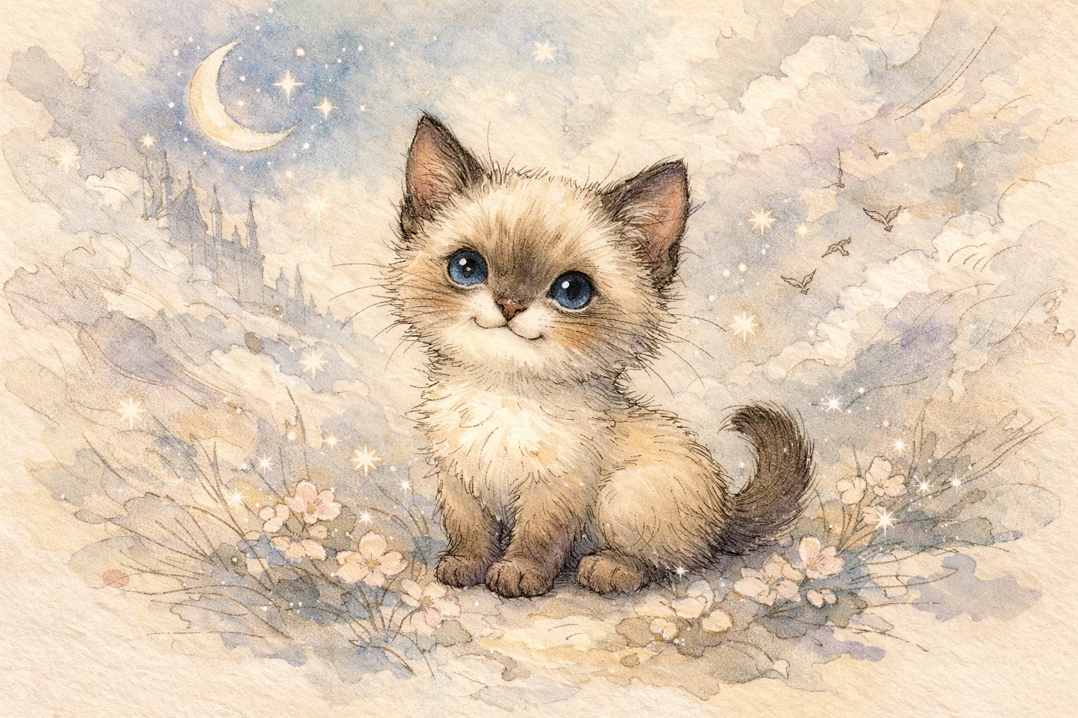 Winziges lächelndes Siamkätzchen in sanfter Aquarell-Tintenillustration