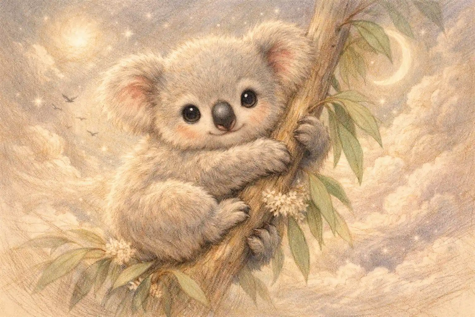 Cute baby koala hugging a eucalyptus branch pencil drawing