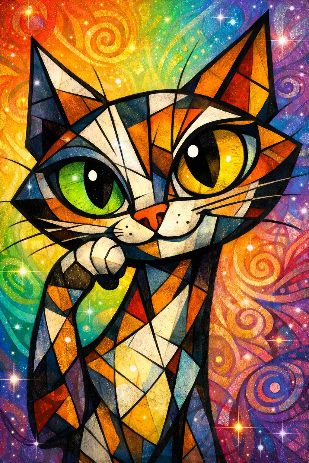 Cubist cartoon cat close up with rainbow psychedelic background