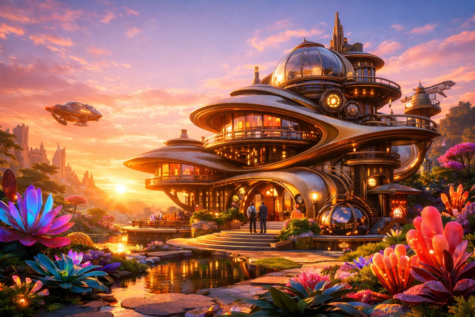 Casa futuristica all’alba in un vivace paesaggio urbano organico