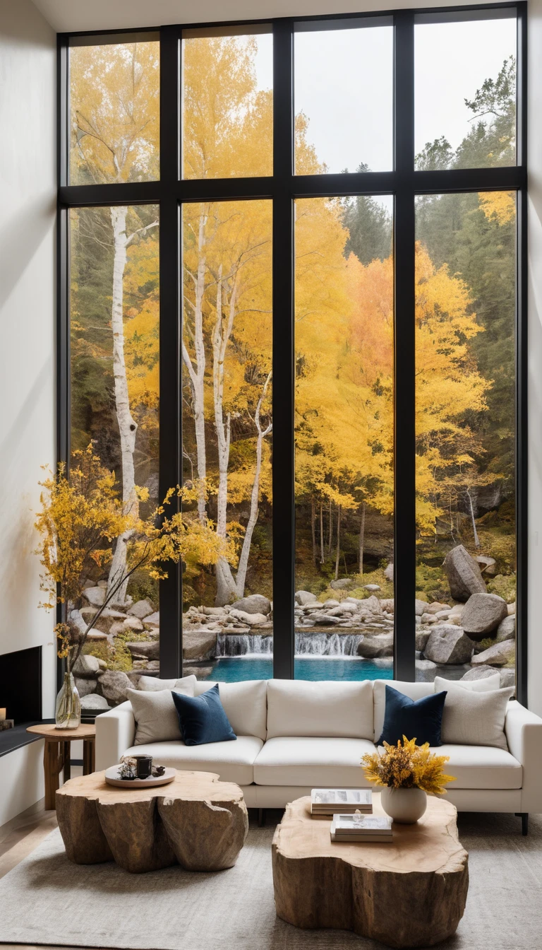 Minimalistisches Wohnzimmer mit weißen Sofas und rustikalem Couchtisch