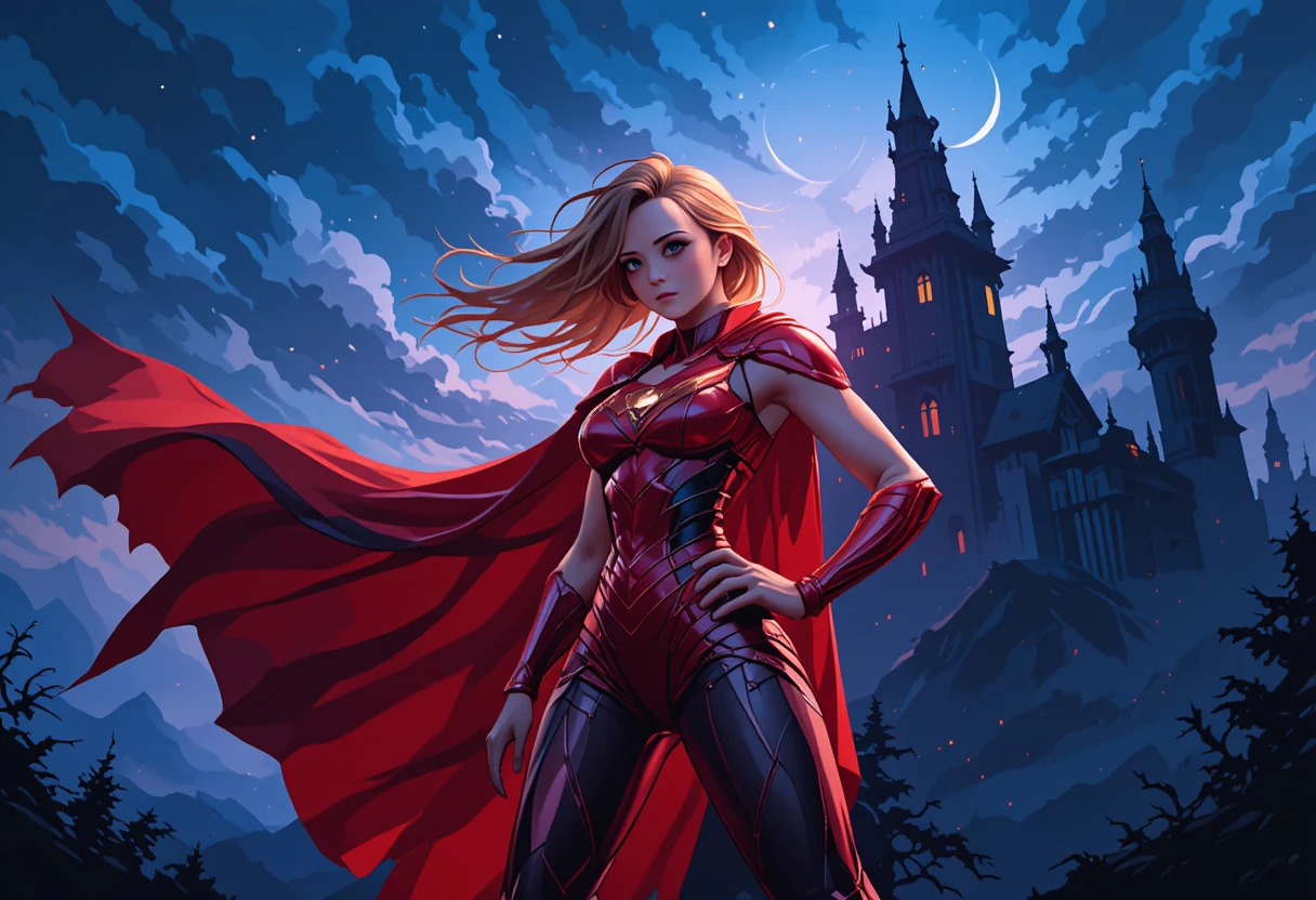 Red caped heroine before a gothic castle at twilight
