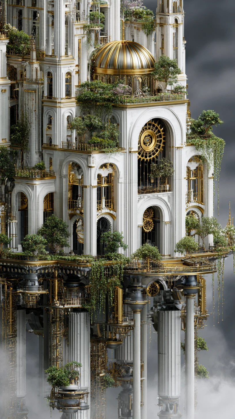 Golden cathedral city walking on colossal mechanical legs