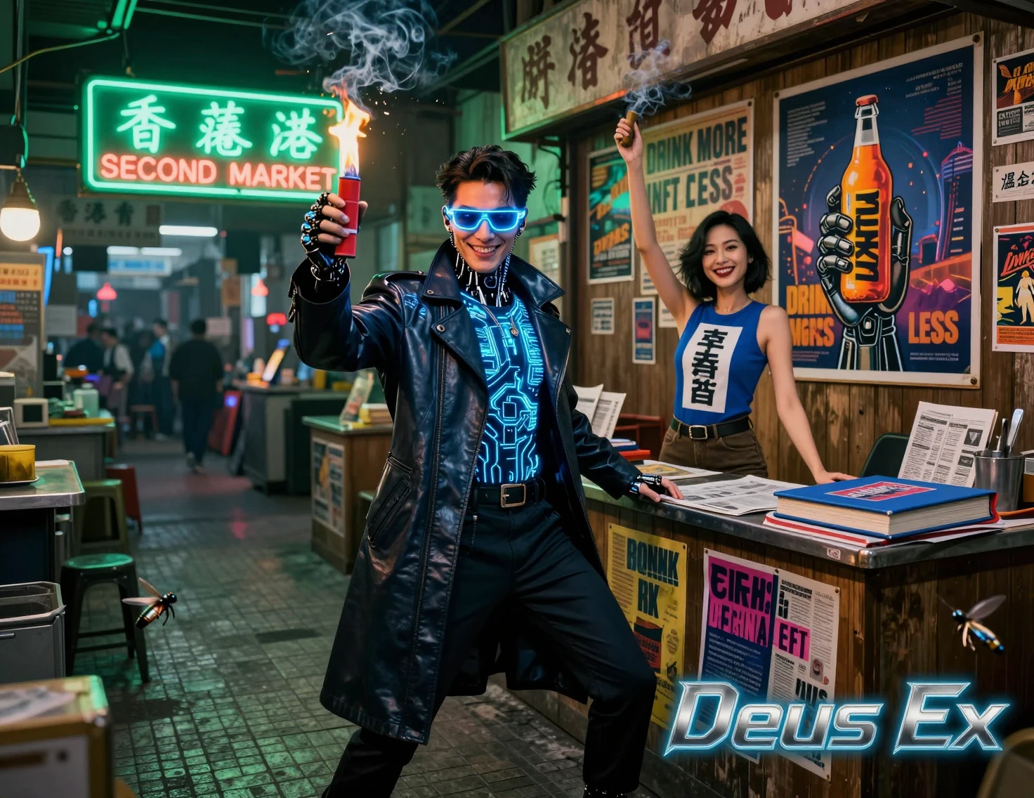 Cyborg detective posing with firecracker in neon market
