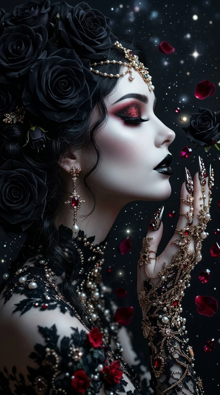 Dark celestial woman in profile with gothic floral adornments