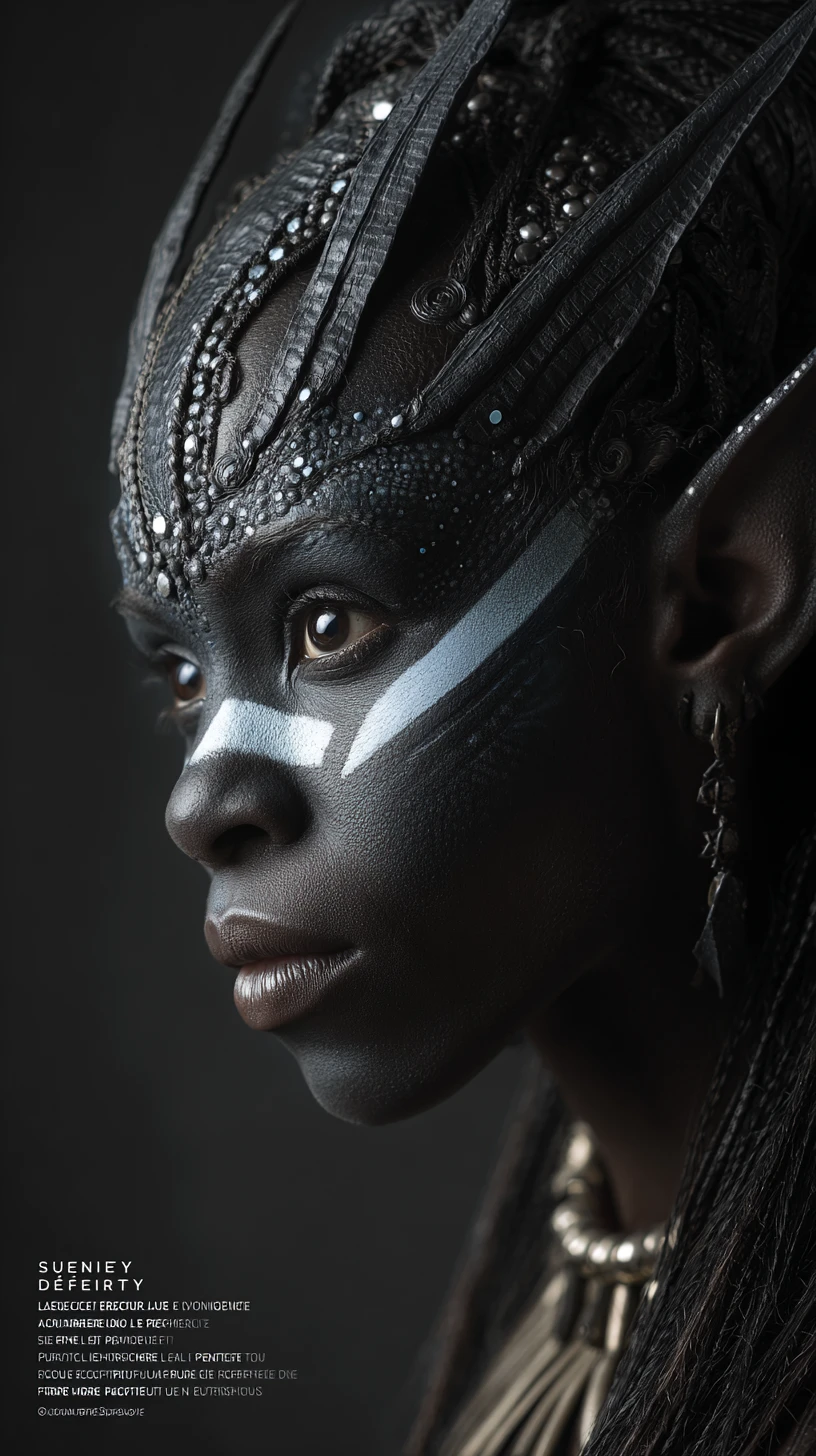 Tribal futuristic woman portrait with obsidian black skin