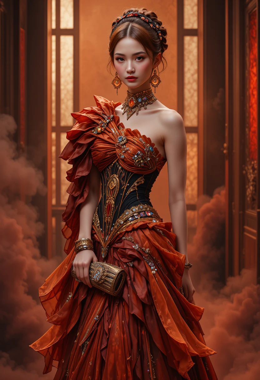 High fashion woman in flame inspired couture gown