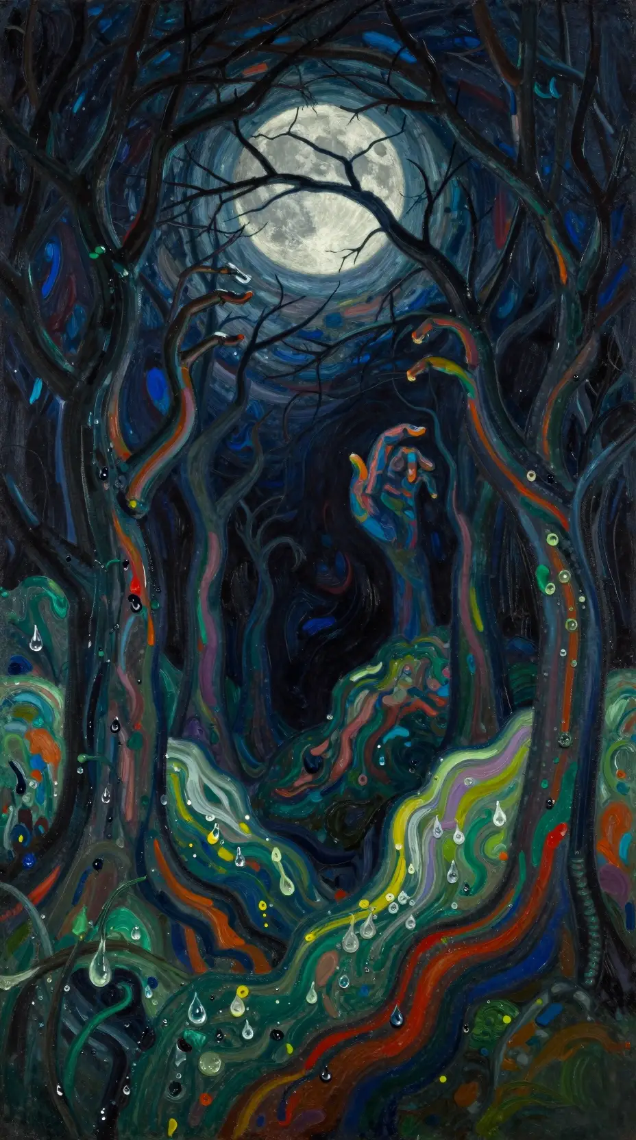 Forêt au clair de lune cachée derrière des branches emmêlées de minuit