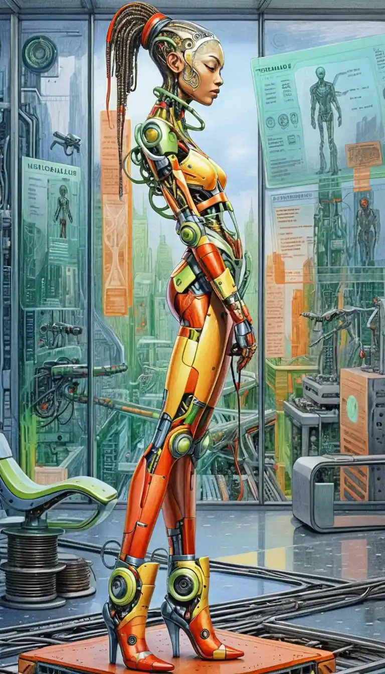 Femme biomécanique futuriste en élégant profil cybernétique