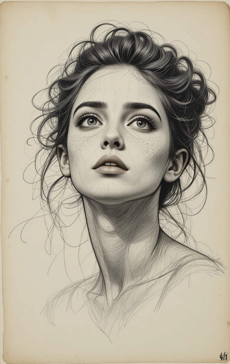Graphite and charcoal portrait of a freckled girl looking up