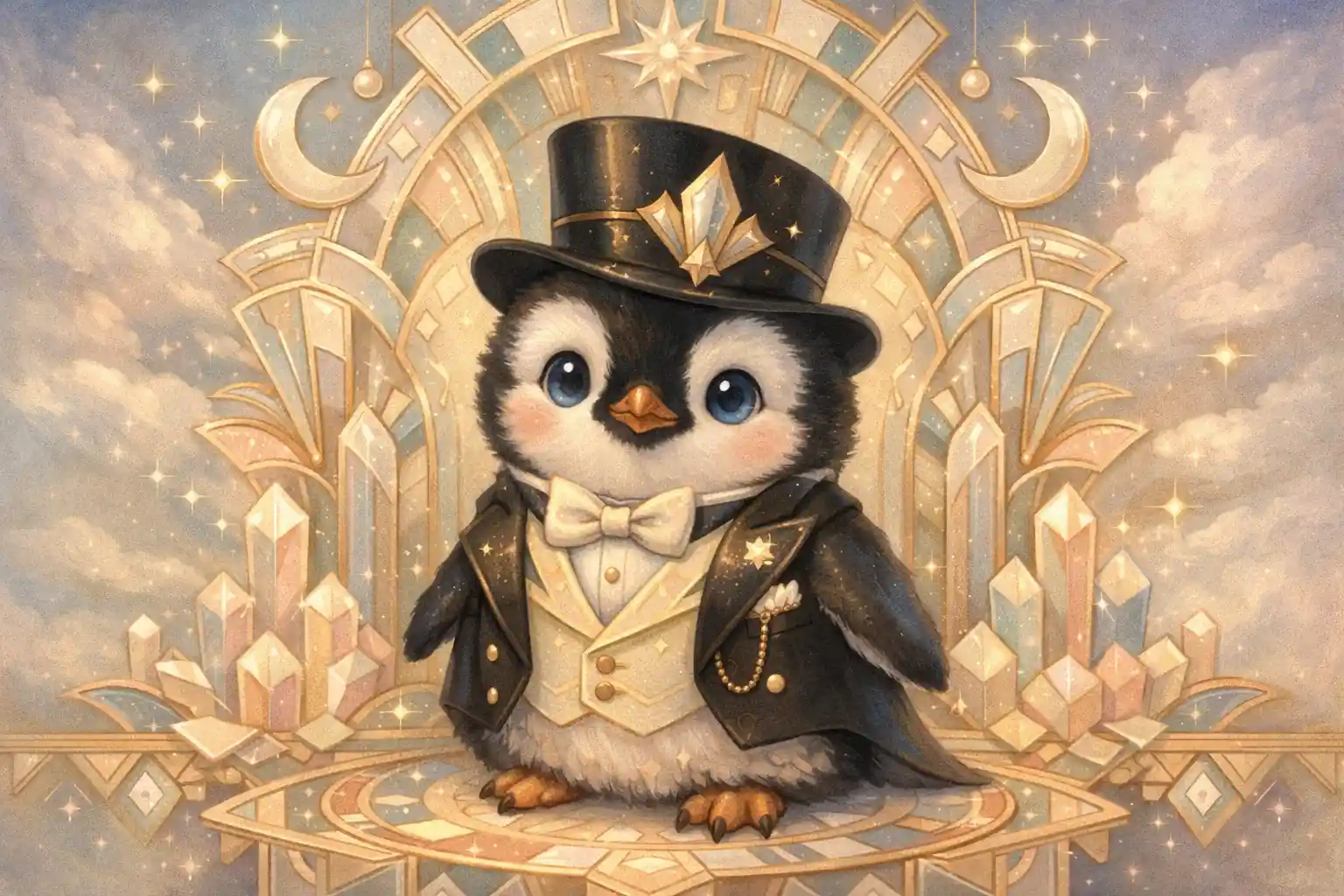 Pingüino bebé art déco en encantador estilo de guardería formal