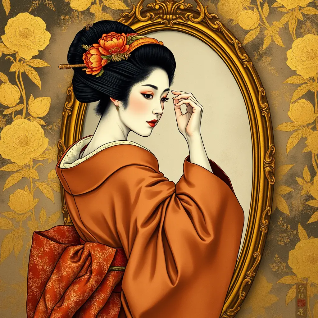 Geisha che sistema la forcina davanti a uno specchio con cornice dorata